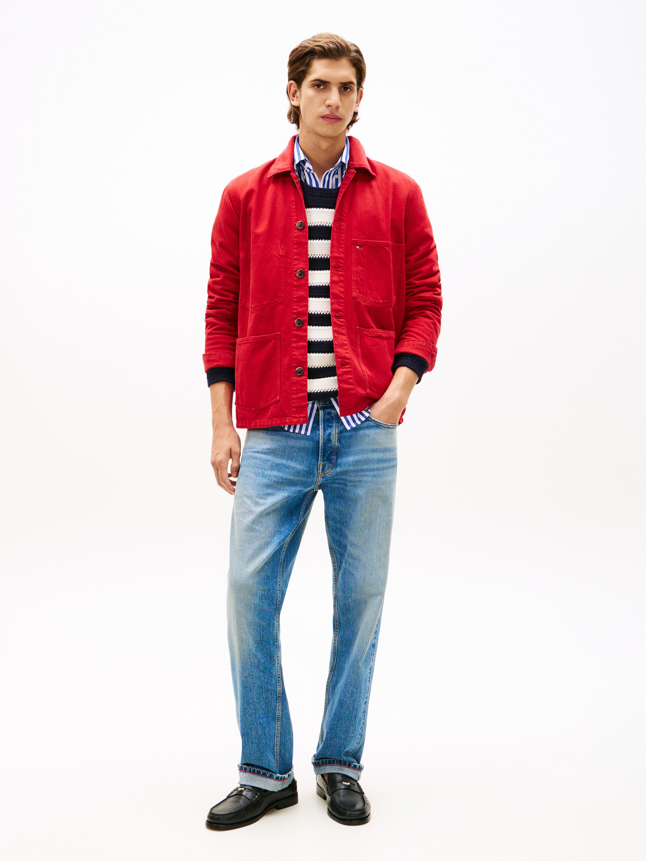 Washed Flag Embroidery Denim Chore Jacket