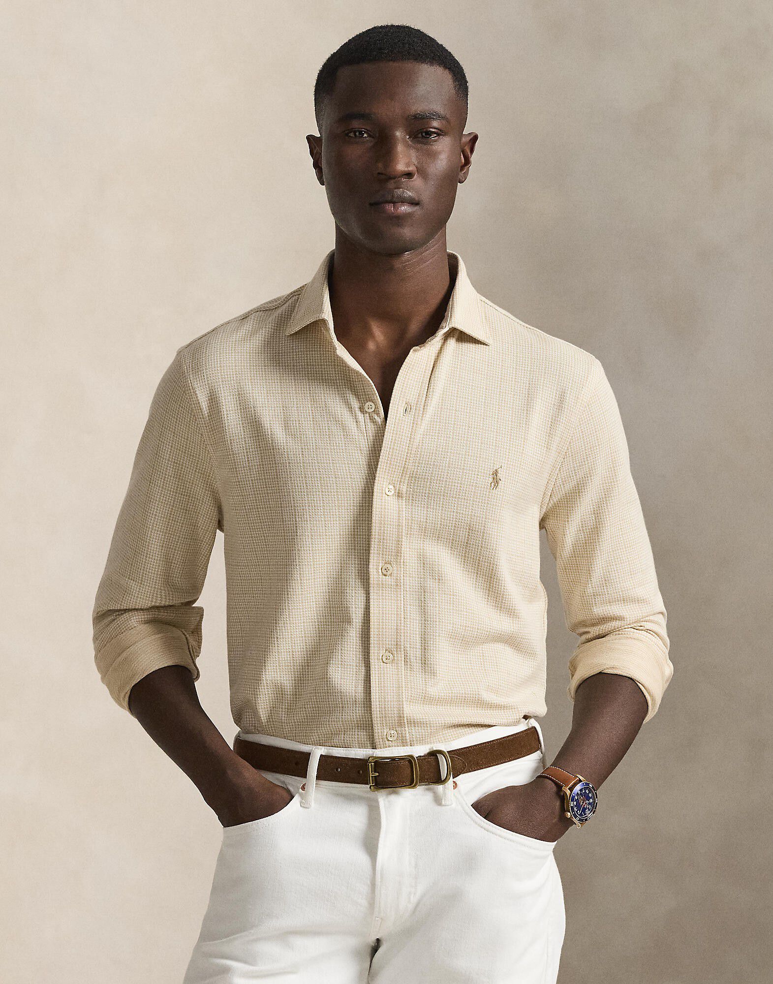 Plaid Jersey Spread-Collar Shirt