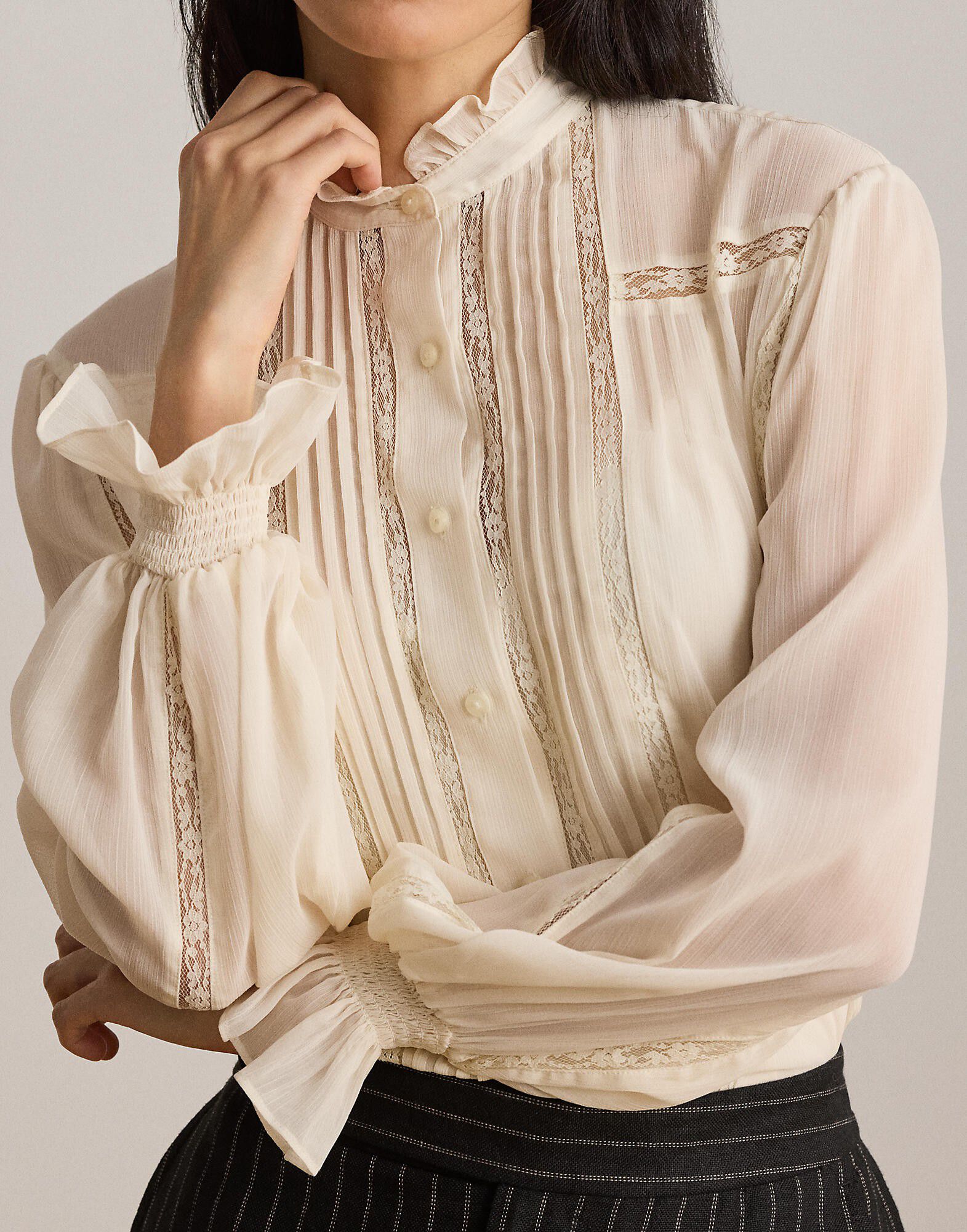 Lace-Trim Crinkle Georgette Blouse