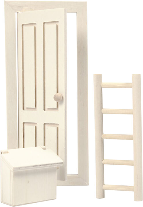 Dør, postkasse og stige, str. 8x18 cm.