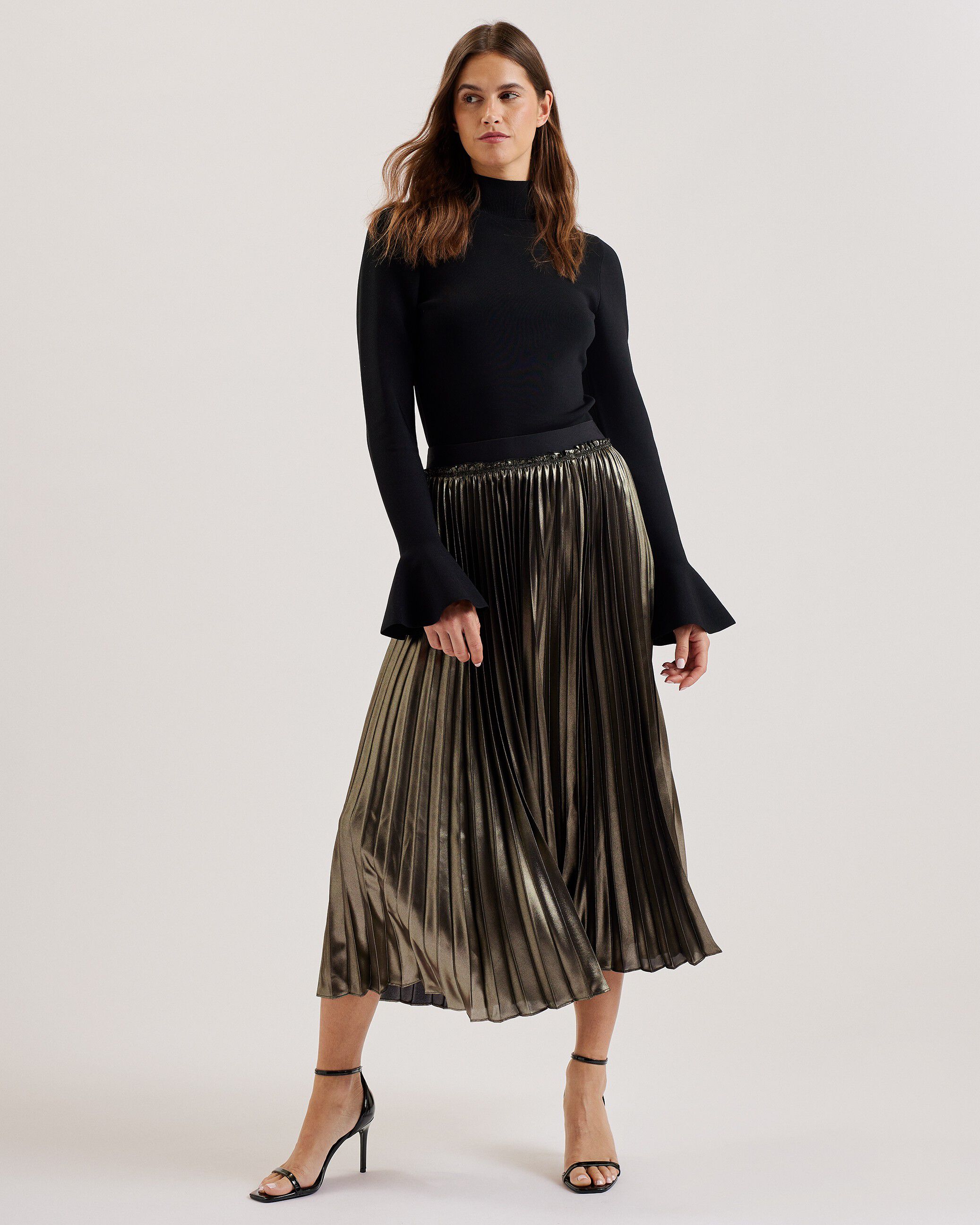 KESE Metallic Pleated Midi Skirt