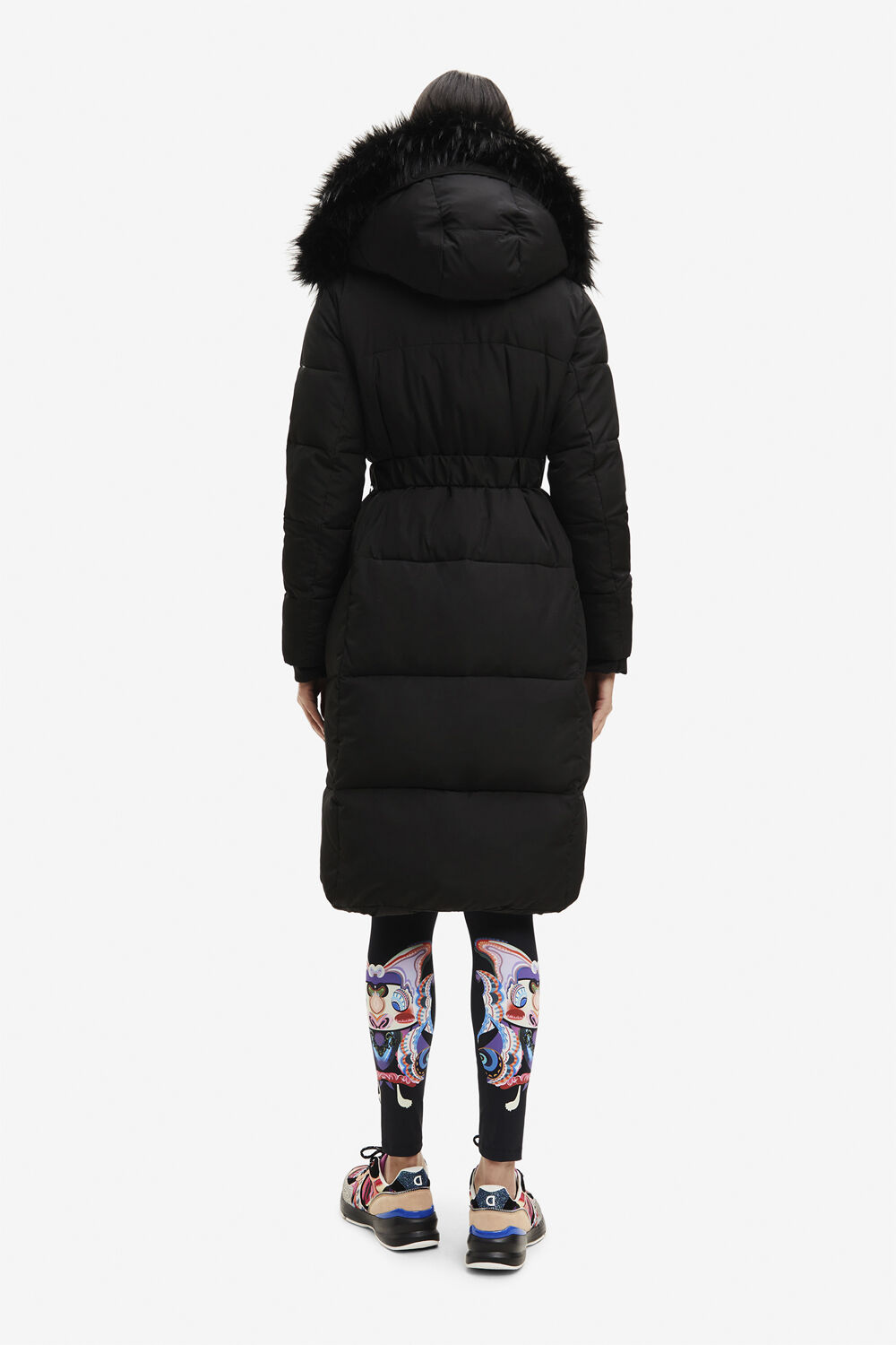 White quilted coat with fur-effect hood