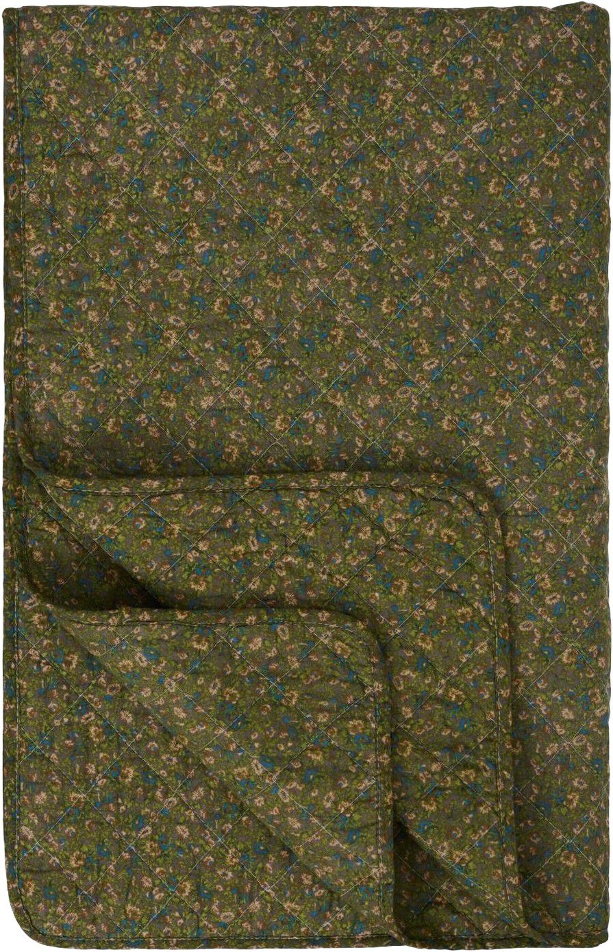 Quilt gr&aring; m/gr&oslash;nne, bl&aring; og rosa blomster