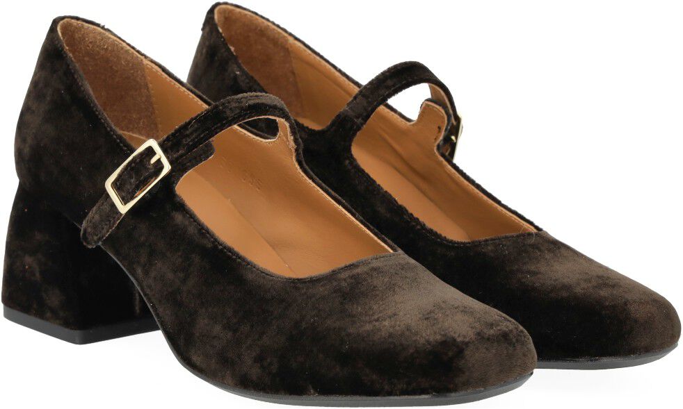 Mary Jane i bl&oslash;d velour med skulptu