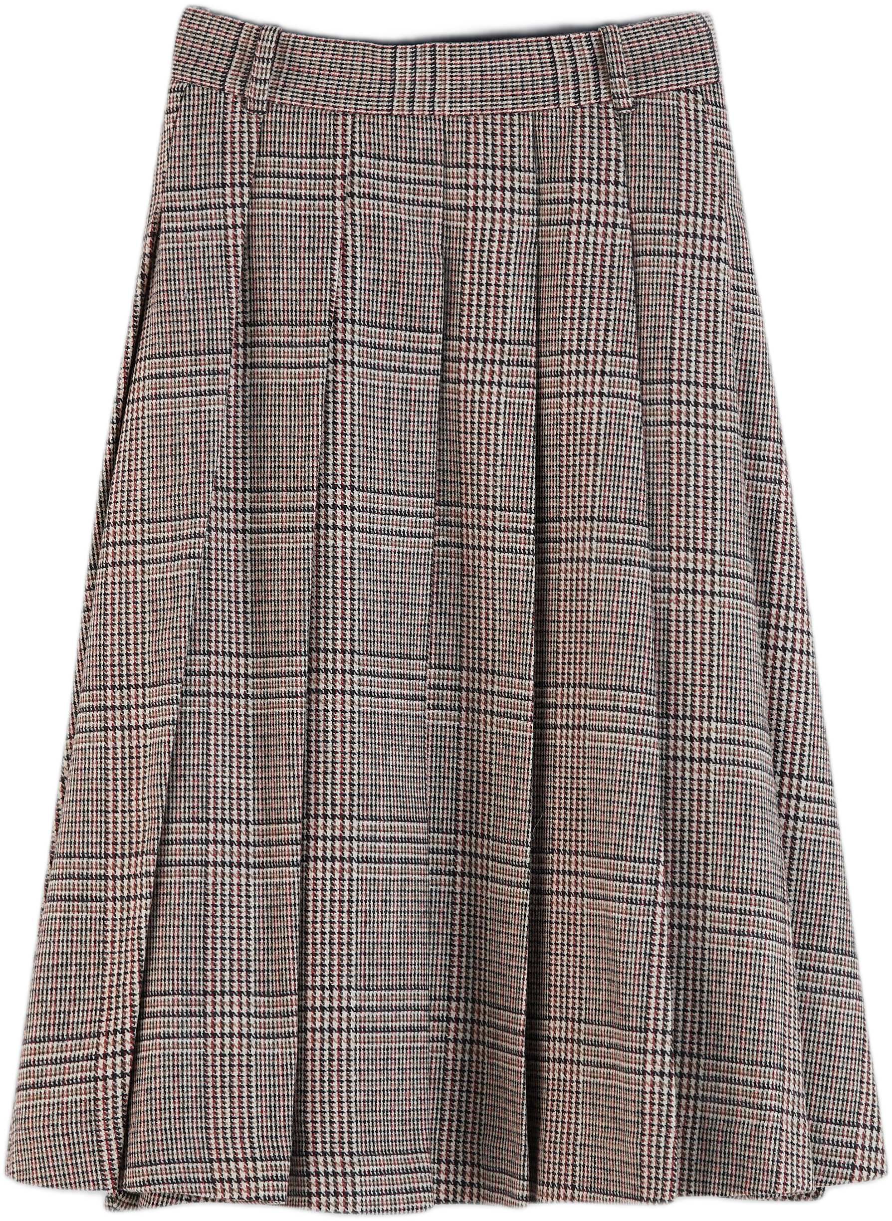 Textured Wool Blend Check Pleated Skirt