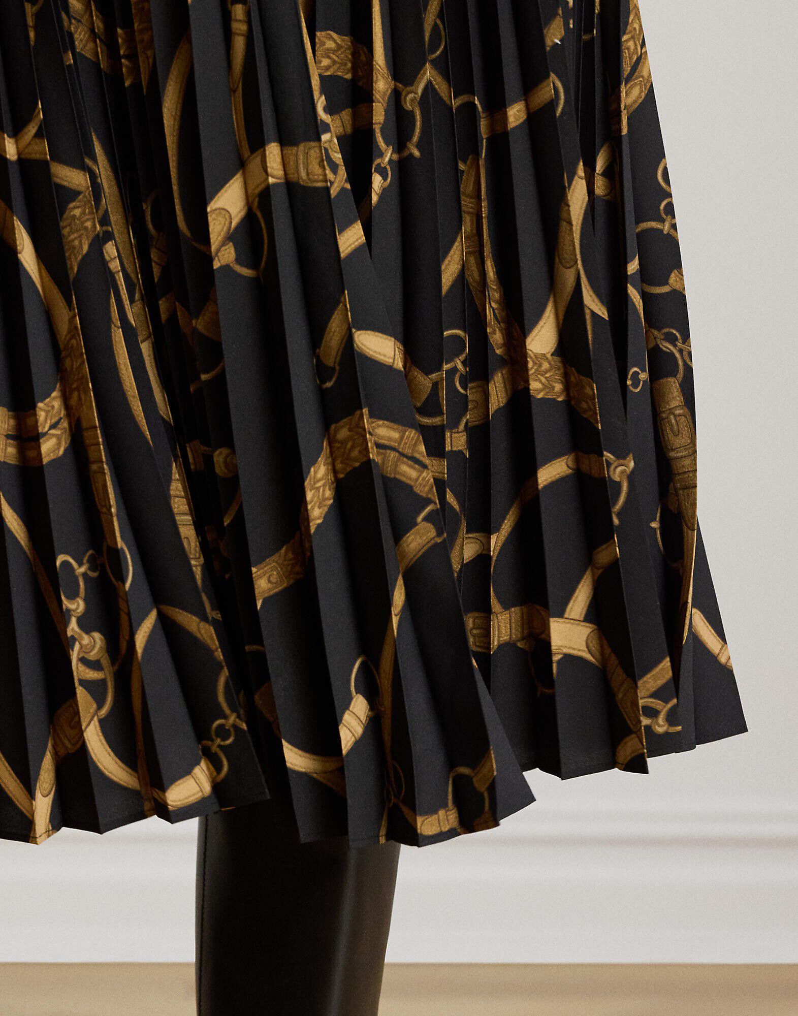 Belting-Print Pleated Crepe Skirt