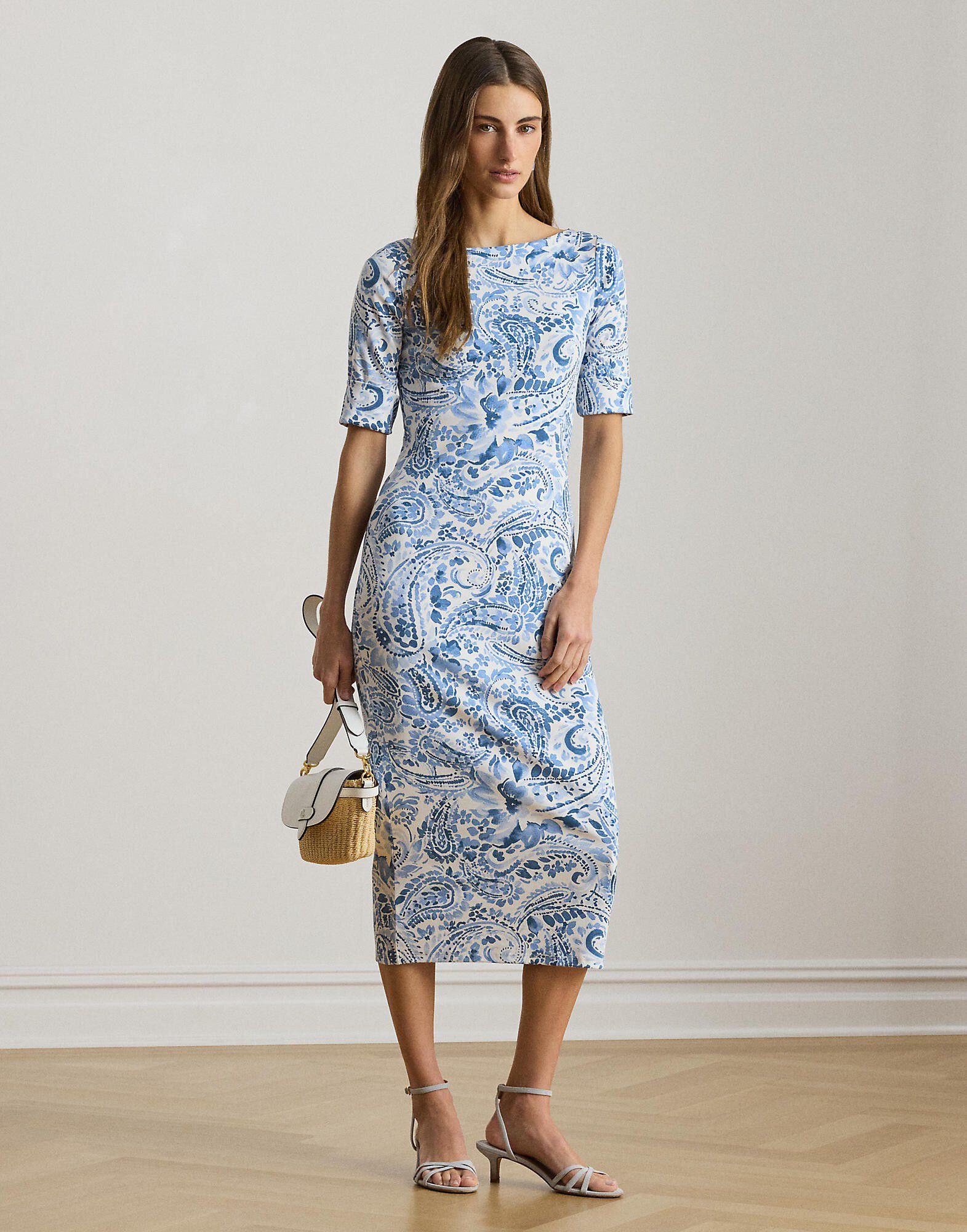 Paisley Cotton Boatneck Midi Dress