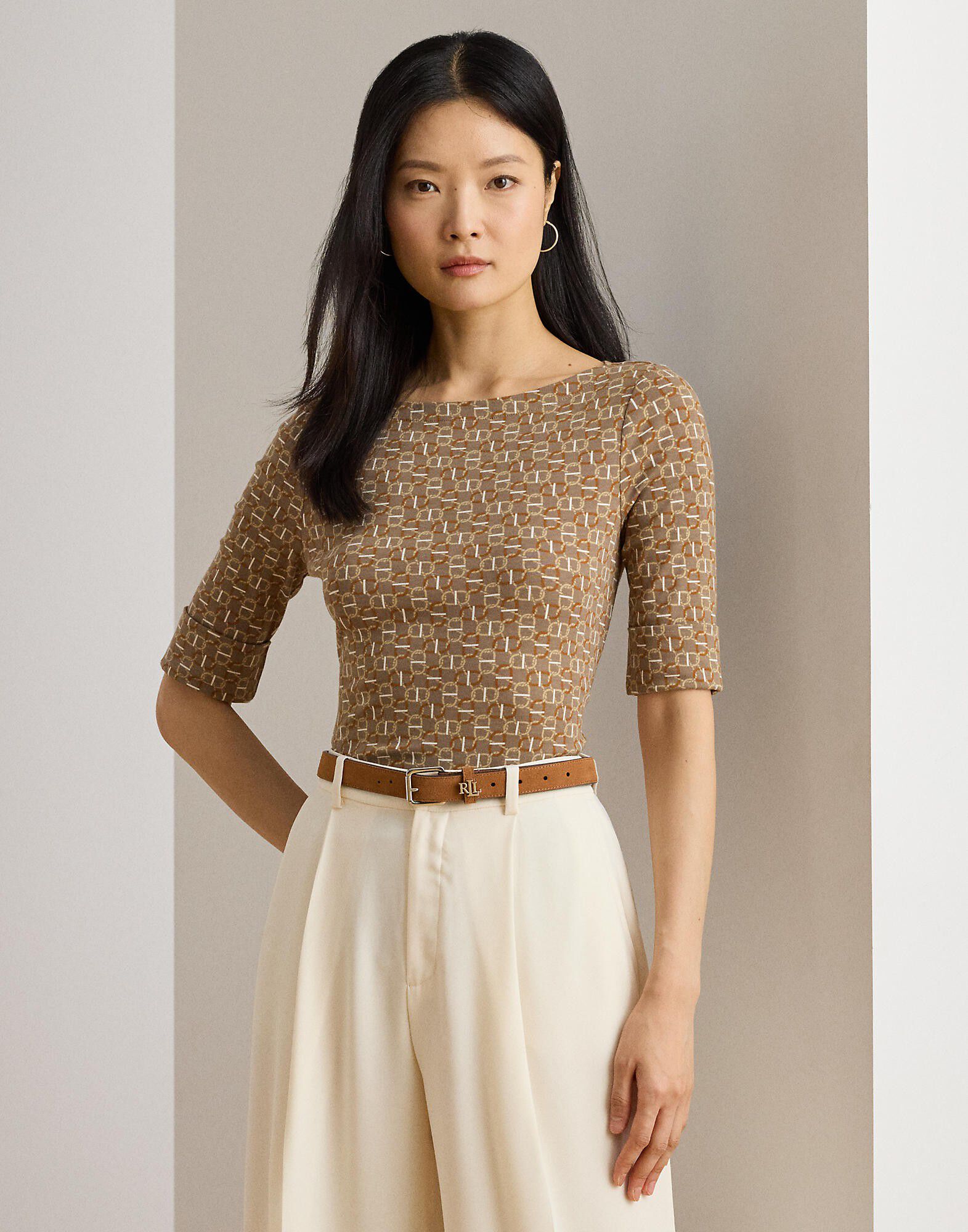 Geo-Print Stretch Cotton Boatneck Tee