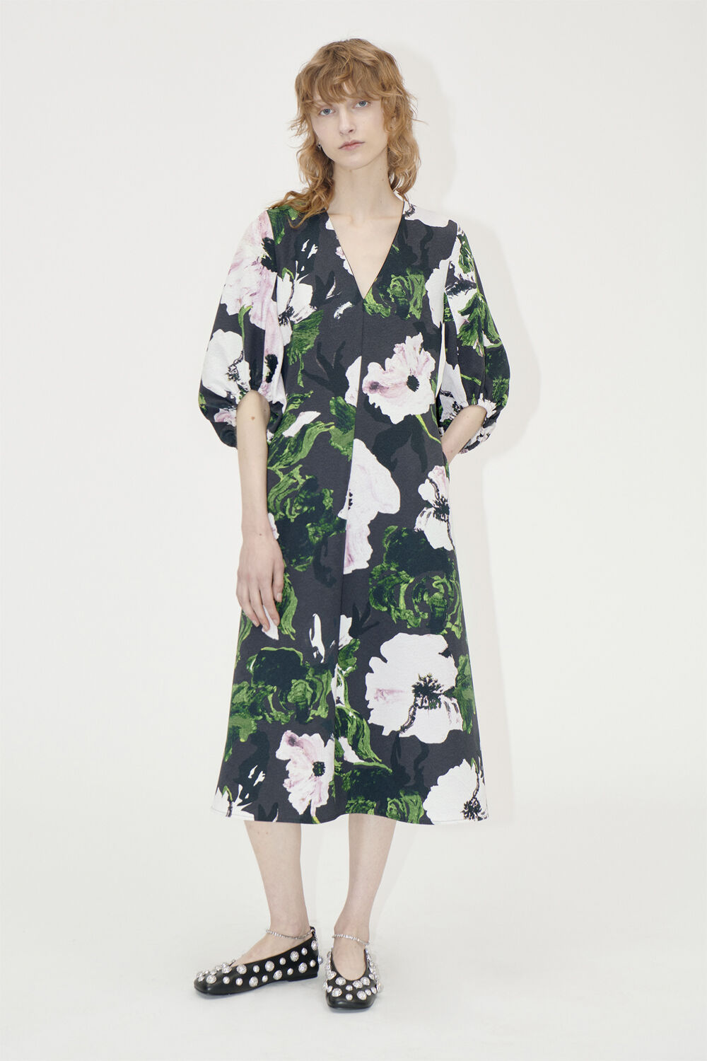 3/4 Volume Sleeves Midi Dress, 2259 Structure Stretch