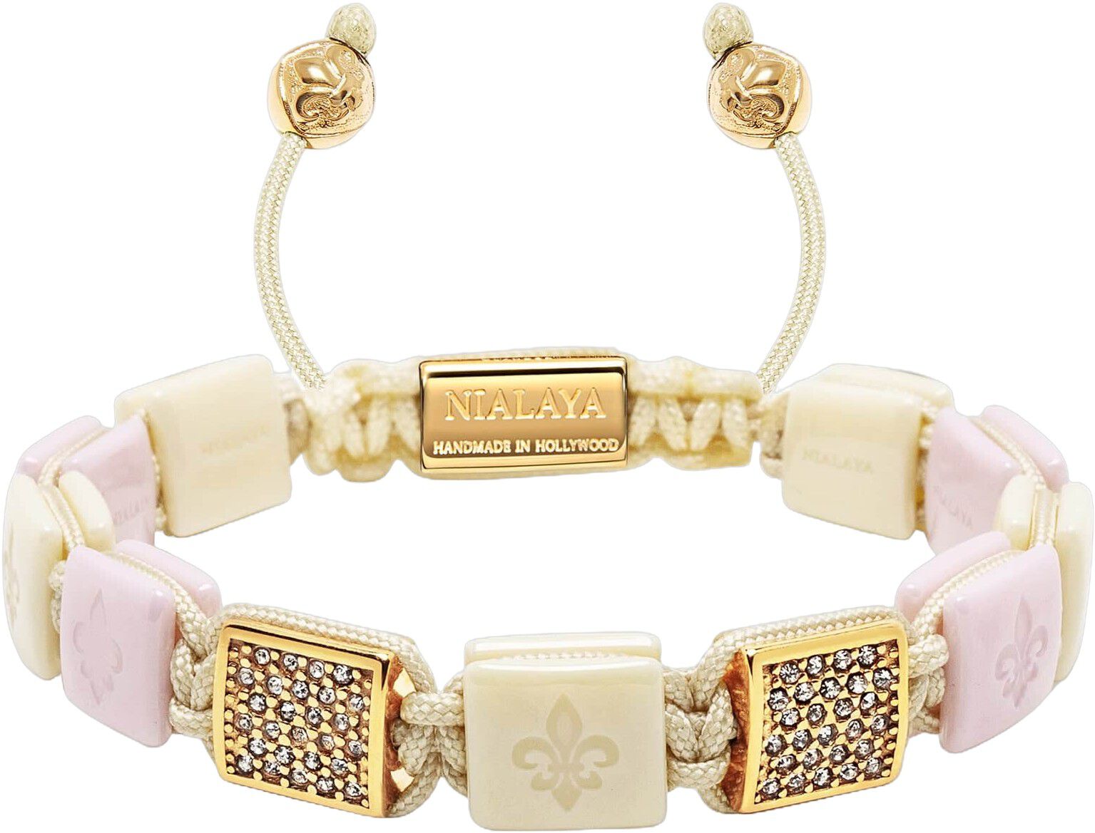 Women's Cream & Soft Pink Ceramic Flatbead Bracelet with Gol
