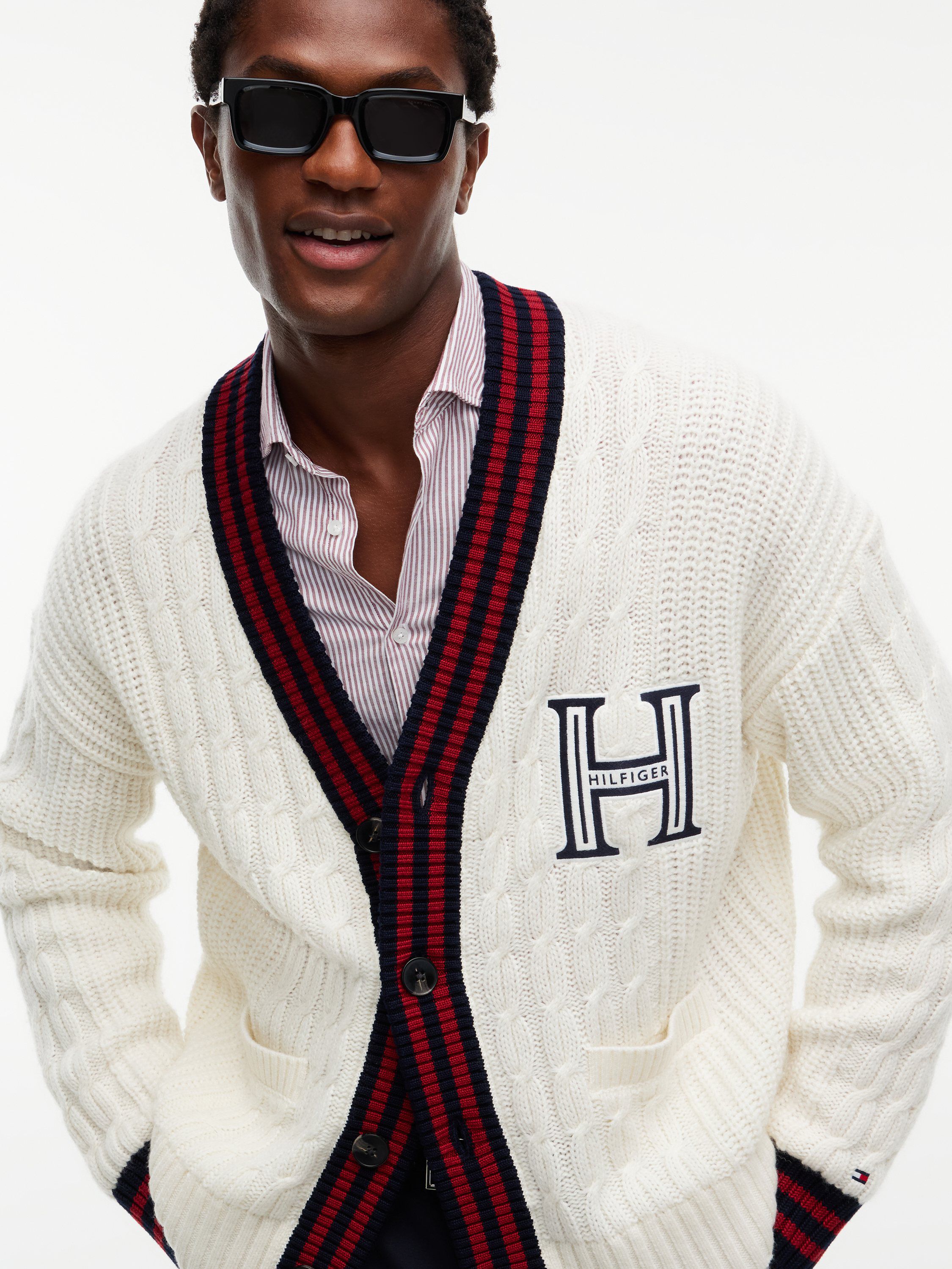 Cable Knit Wool Blend Letterman Cardigan