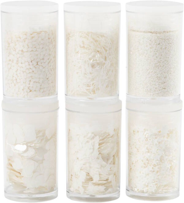 Bio-glimmer & Pailletter, sølv, hvid, 6x7ml.