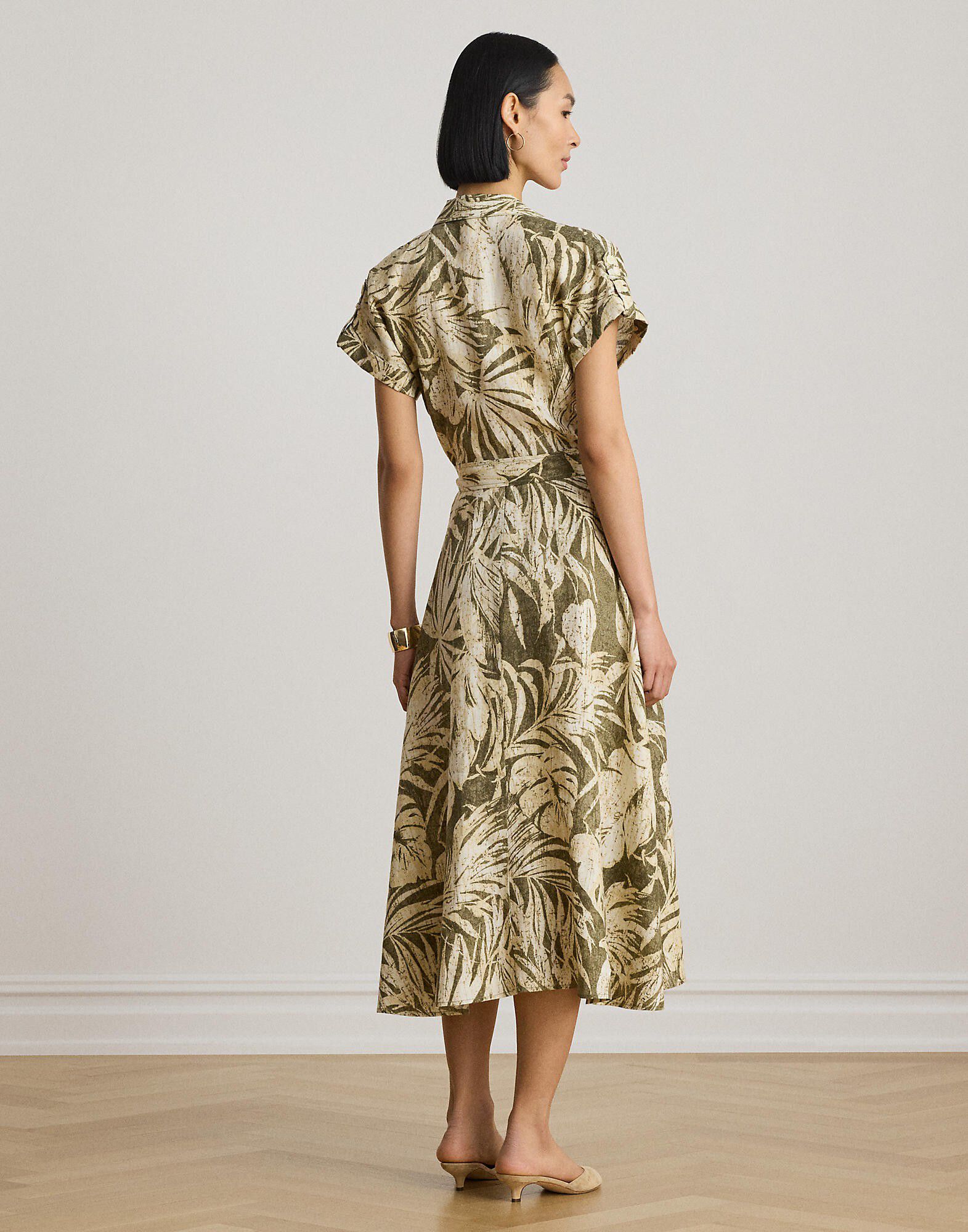Palm-Frond-Print Linen Camp Shirtdress