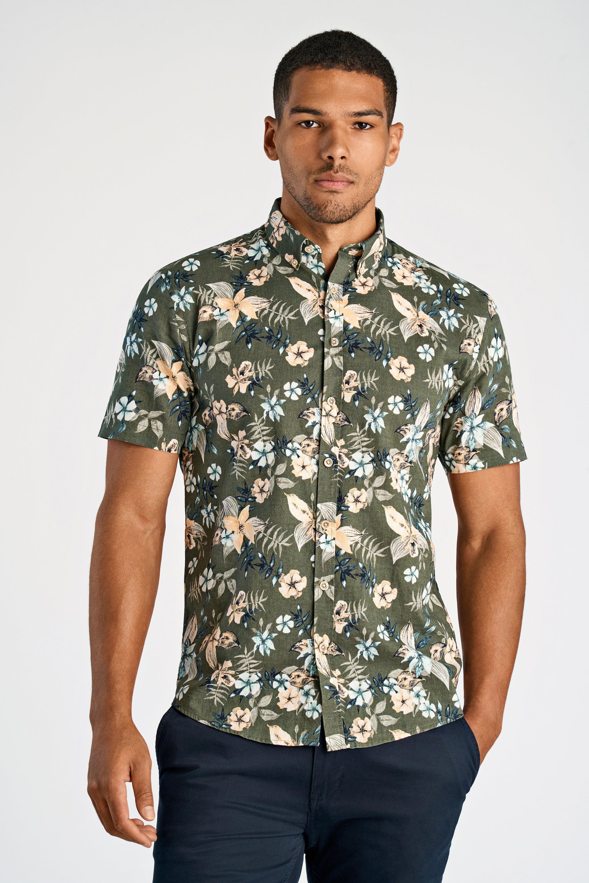 Printed cotton/linen shirt S/S