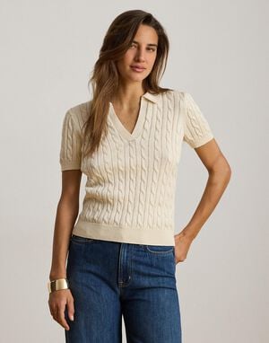 Cable Cotton-Blend Short-Sleeve Sweater