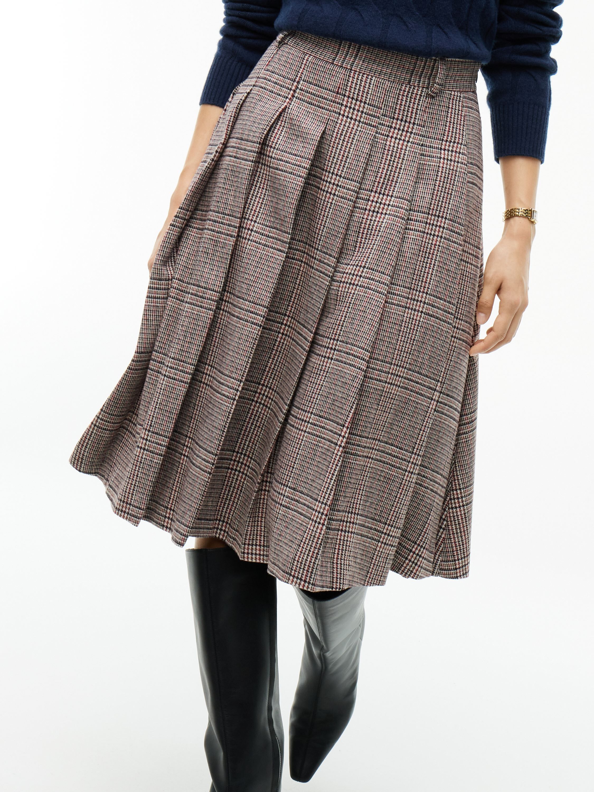 Textured Wool Blend Check Pleated Skirt