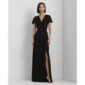 Belted Georgette Flutter-Sleeve Gown