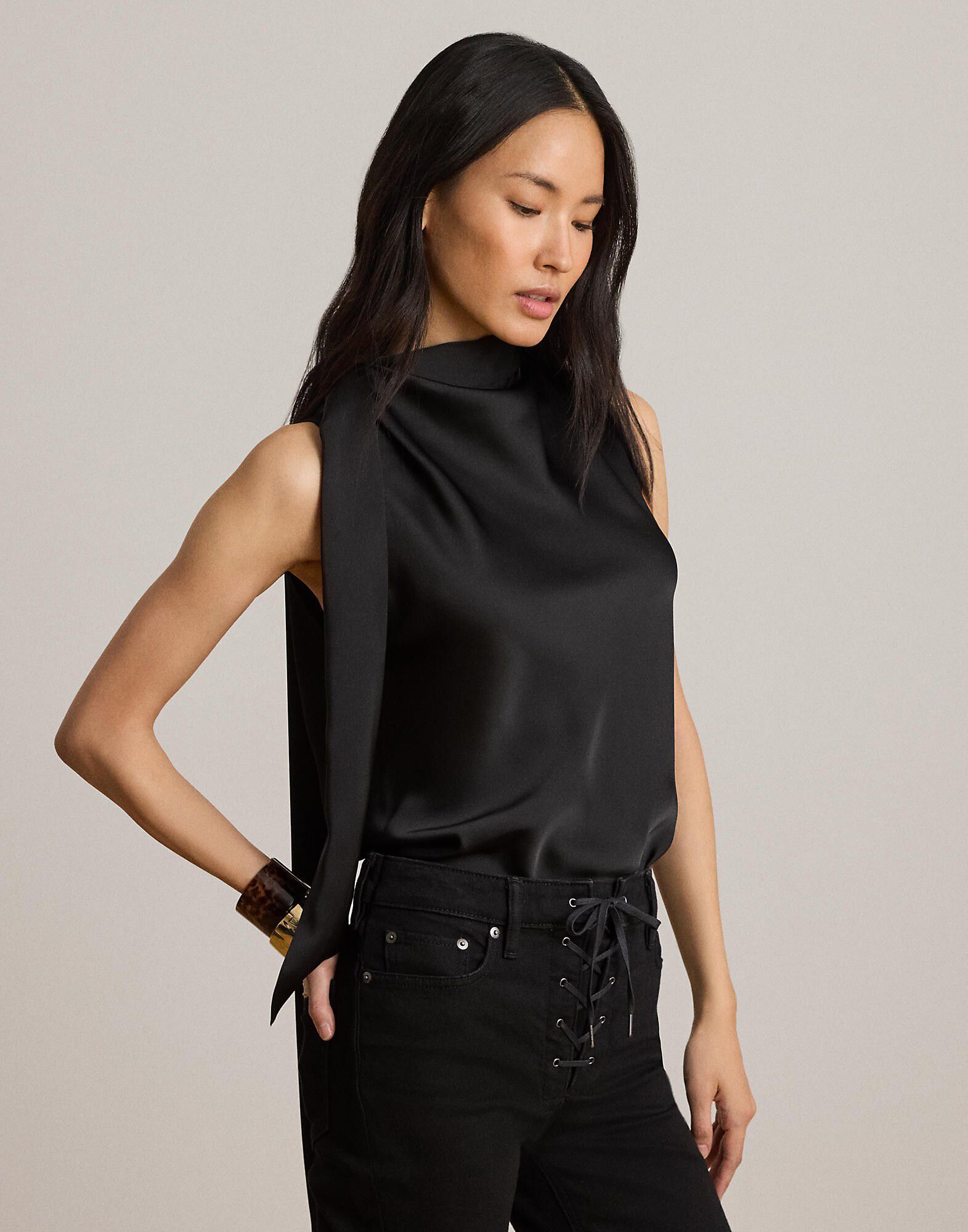 Tie-Neck Charmeuse Sleeveless Blouse