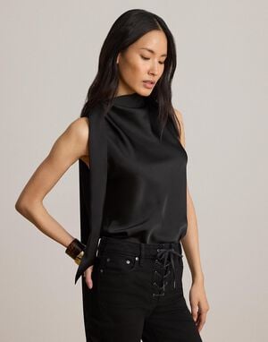 Tie-Neck Charmeuse Sleeveless Blouse